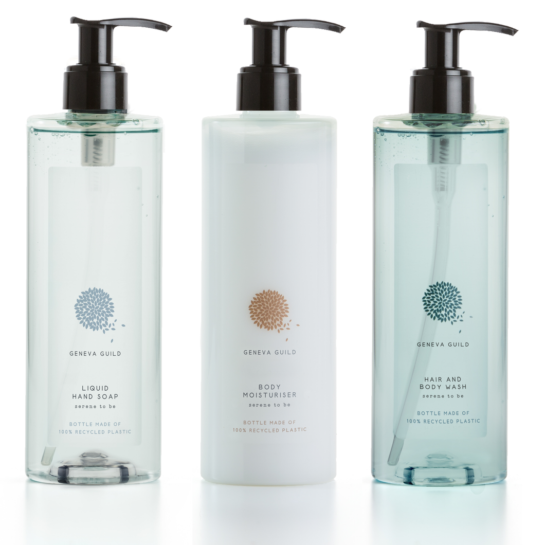 Geneva Guild XL Set 3x380ml Flüssigseife, Feuchtigkeitslotion, Hair & Body Wash